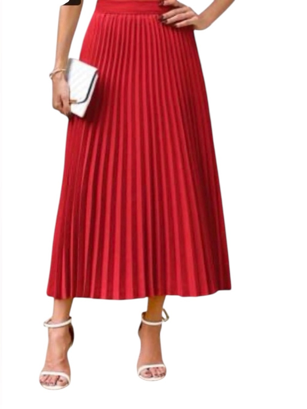 SHEIN Red Pleated Midi Skirt Flowy Teacher Office Holiday NWOT Small/4